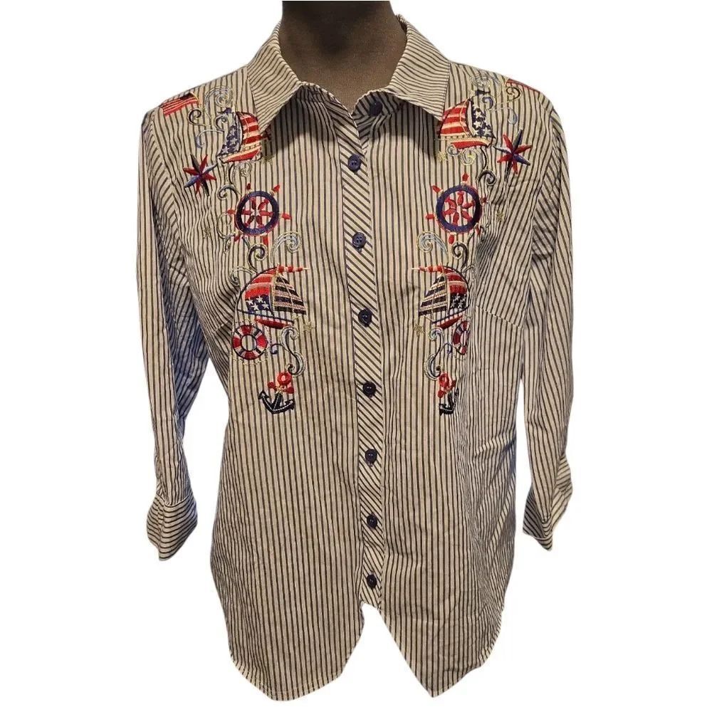 EC QUACKER FACTORY NAUTICAL/PATRIOTIC STRIPPED SHIRT SZ. S